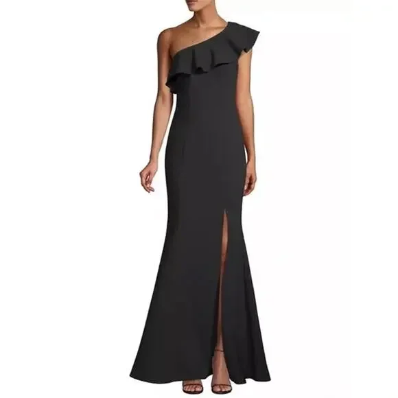Likely Kane One Shoulder Ruffle Gown Black Formal Maxi Dress Size 2 Slit Elegant
